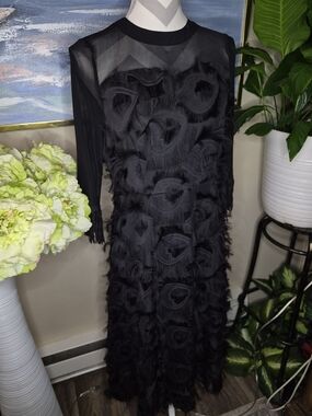 Mislook Womens Black Fringe Textured Sheer-Top Midi Dress